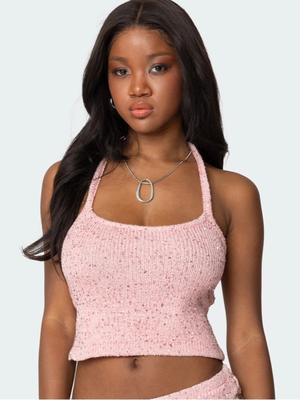 Edikted Light Pink Knit Sweater with Sparkle Trim